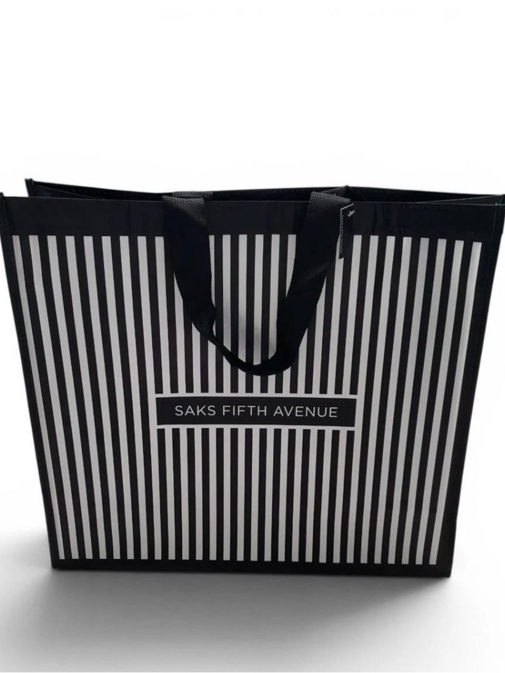 Saks Fifth Avenue reusable bag Black & White Vertical Stripe Shopper Tote new